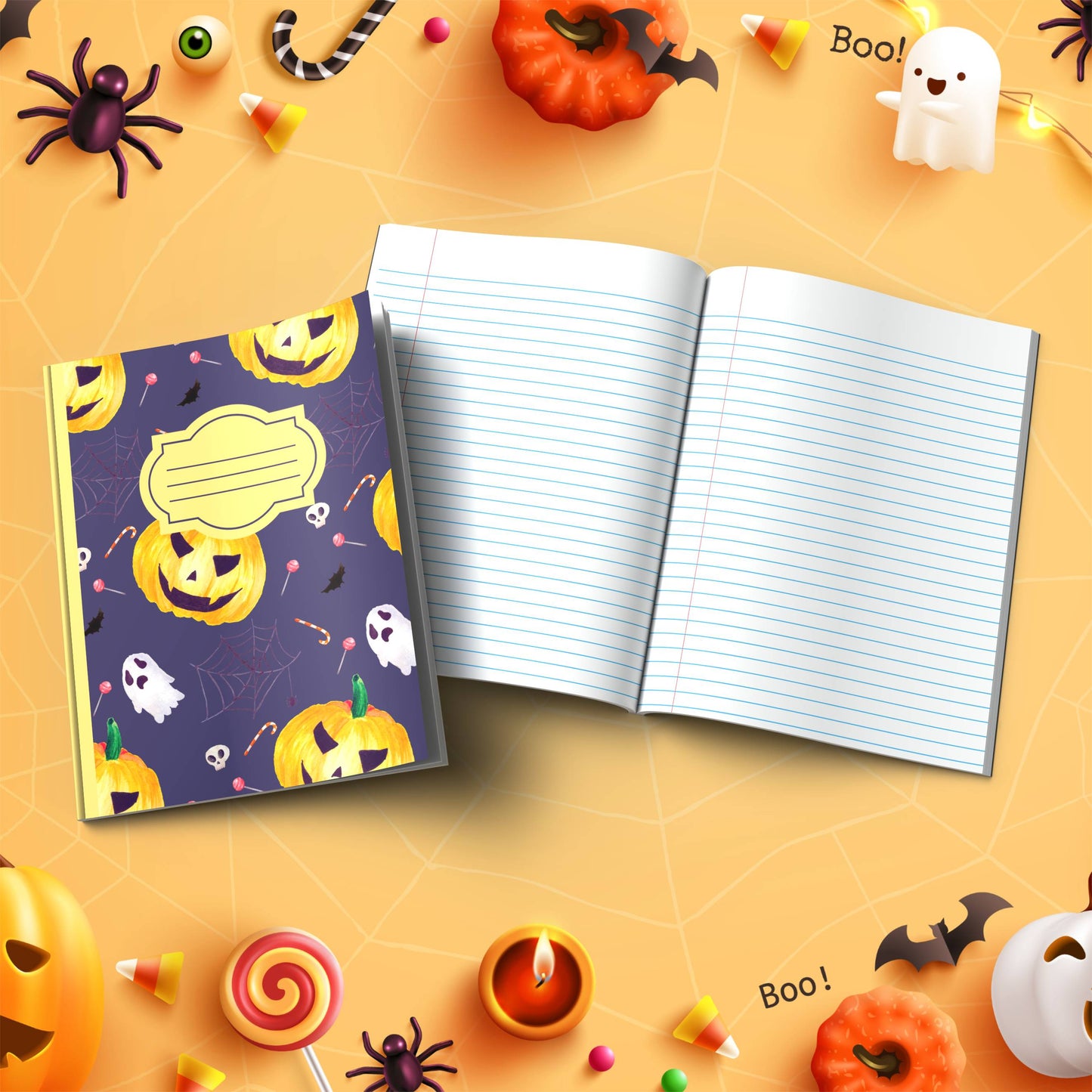 Navy Halloween soft cover composition notebook with pumpkin designs, wide ruled lined journal for school or journaling