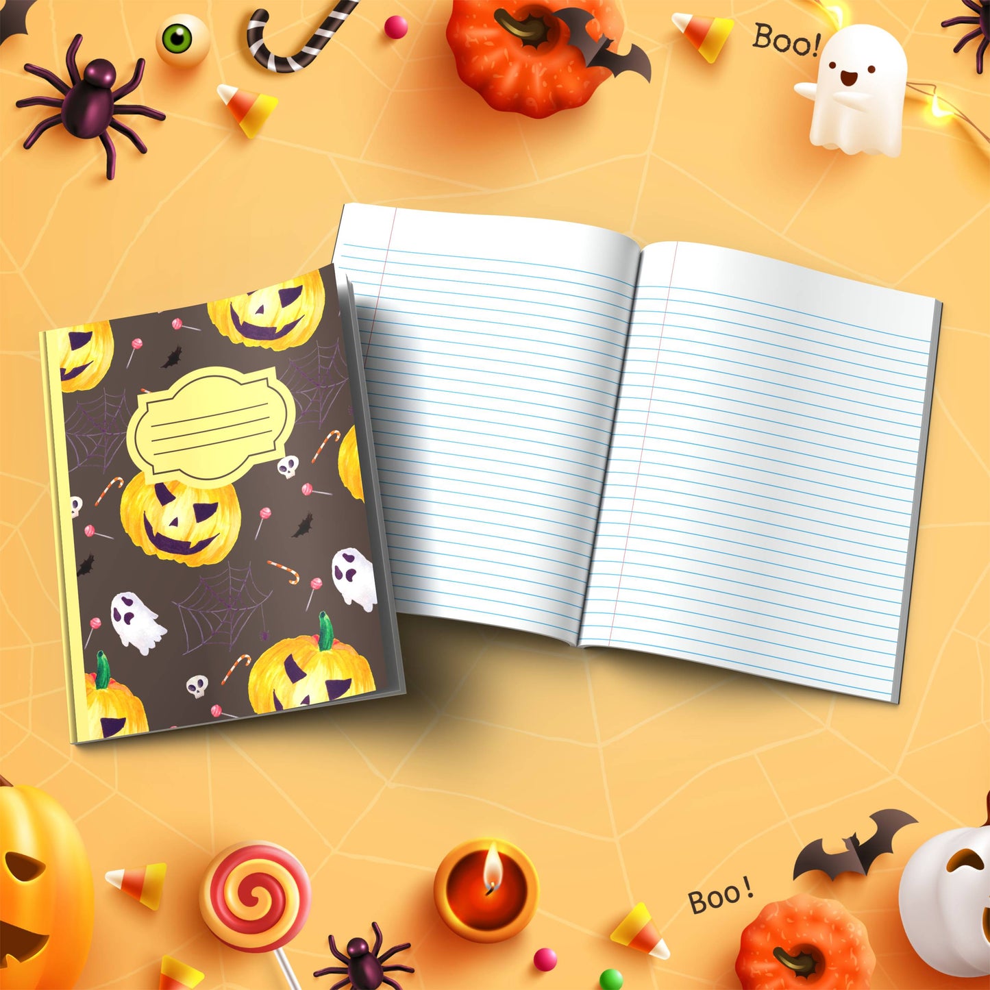Dark Brown Halloween soft cover composition notebook with pumpkin design, wide ruled writing and journaling notebook