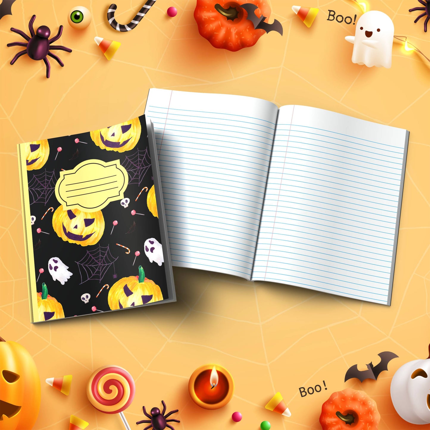 Black Halloween soft cover composition notebook with pumpkin design, wide ruled writing journal for school or journaling