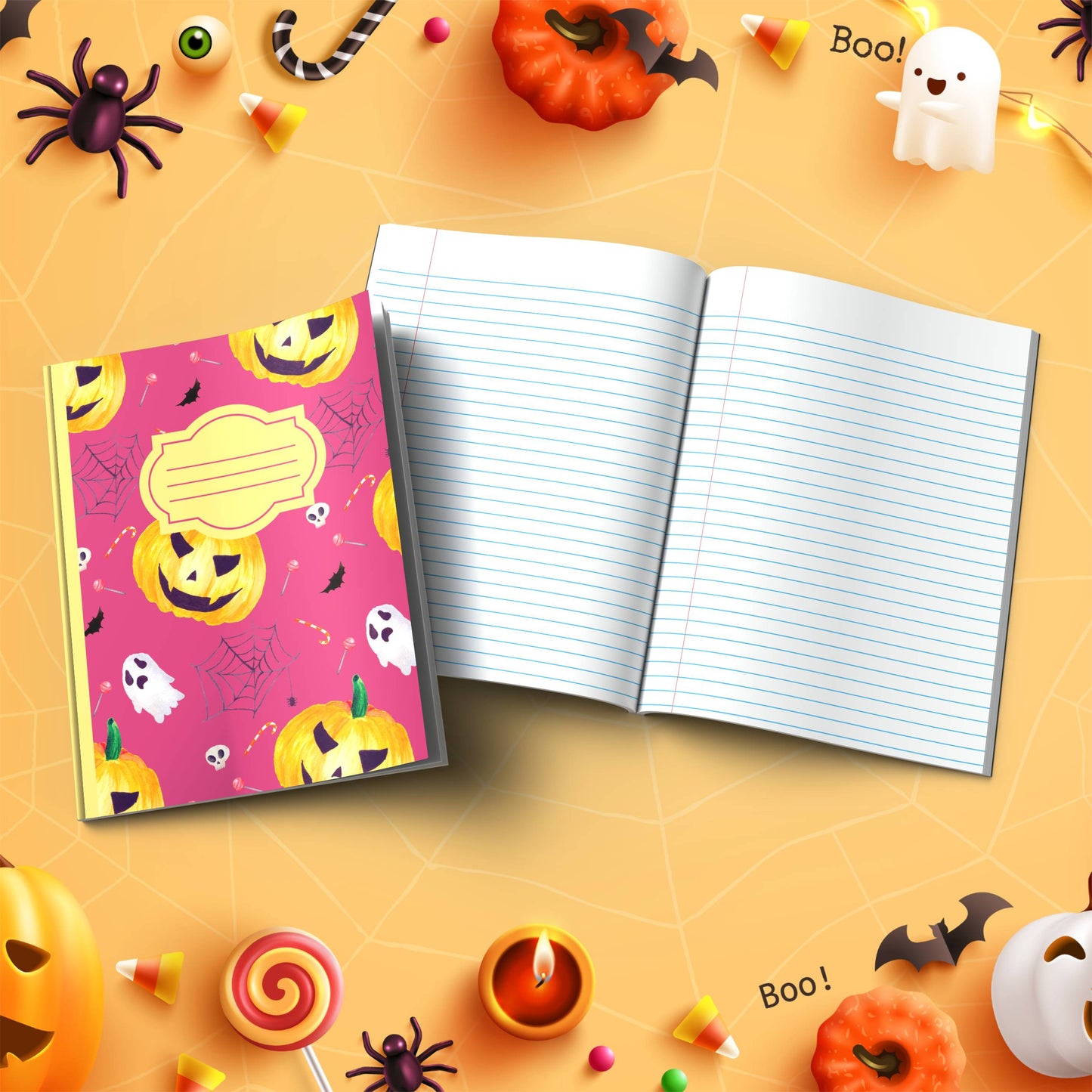 Raspberry Halloween soft cover composition notebook with pumpkin design, wide ruled lined journal for notes or writing