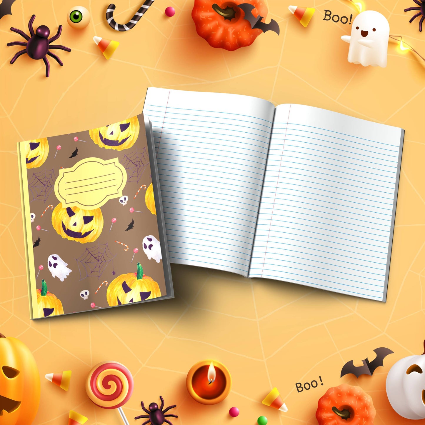 Brown Halloween soft cover composition notebook with pumpkin design, wide ruled journal for school, writing, or notes