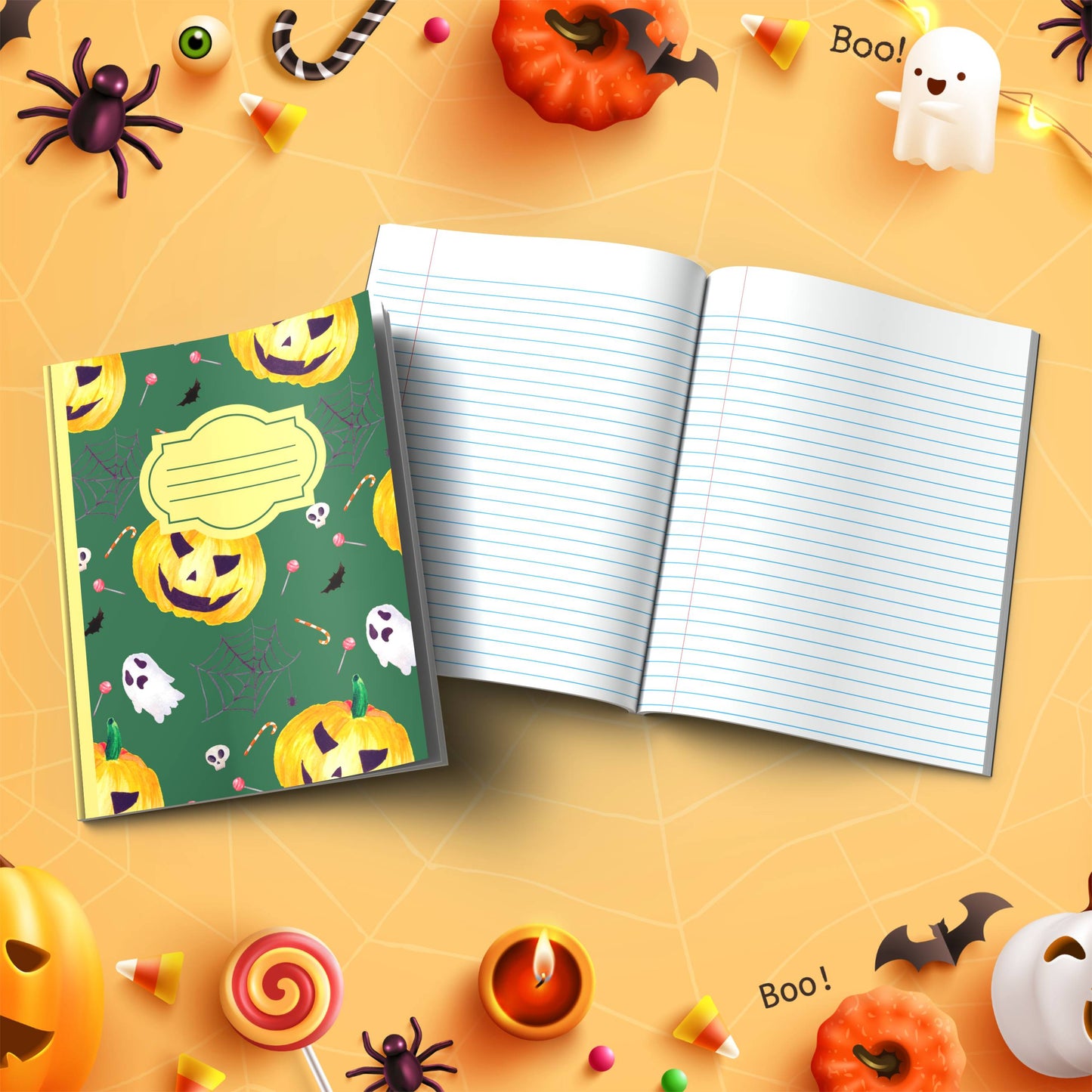 Dark Green Halloween soft cover composition notebook with pumpkin designs, wide ruled lined journal for school or notes