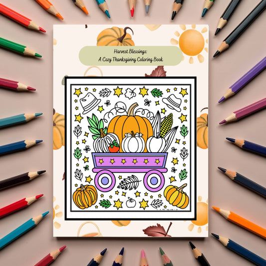 Harvest-themed Thanksgiving coloring book with peaceful fall scenes
