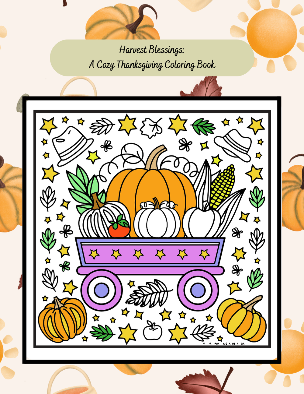 Harvest-themed Thanksgiving coloring book with peaceful fall scenes