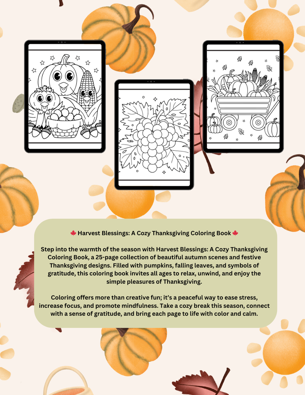 Harvest-themed Thanksgiving coloring book with peaceful fall scenes