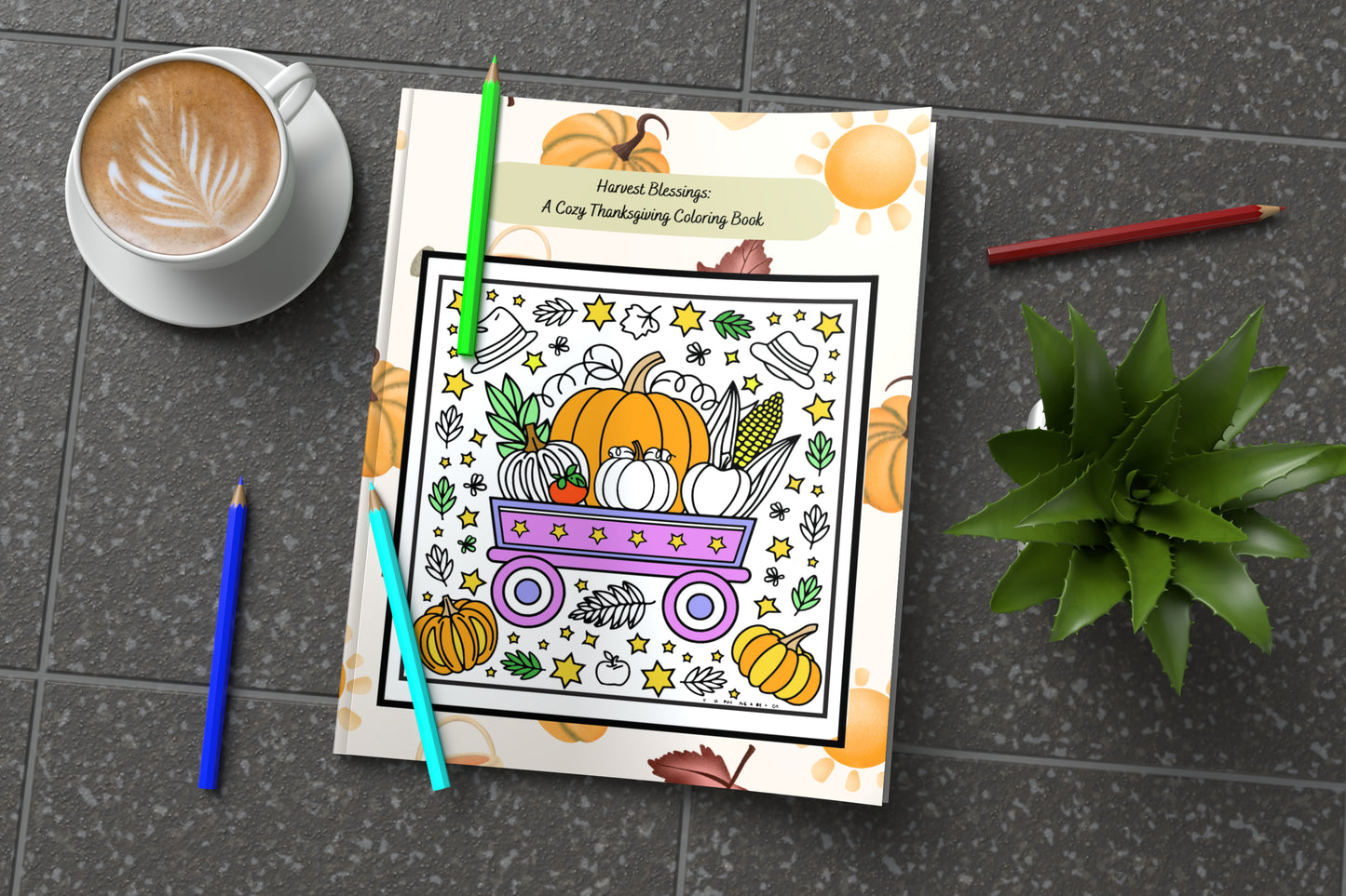 Harvest-themed Thanksgiving coloring book with peaceful fall scenes