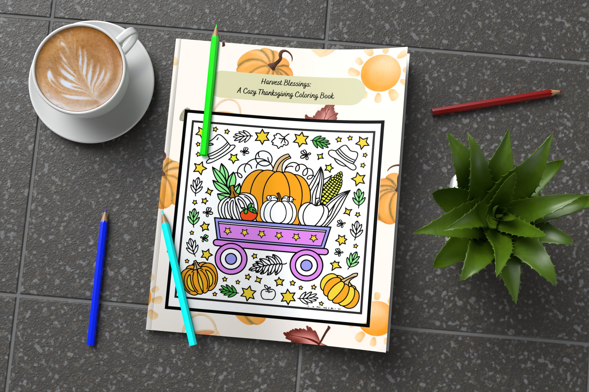 Harvest-themed Thanksgiving coloring book with peaceful fall scenes