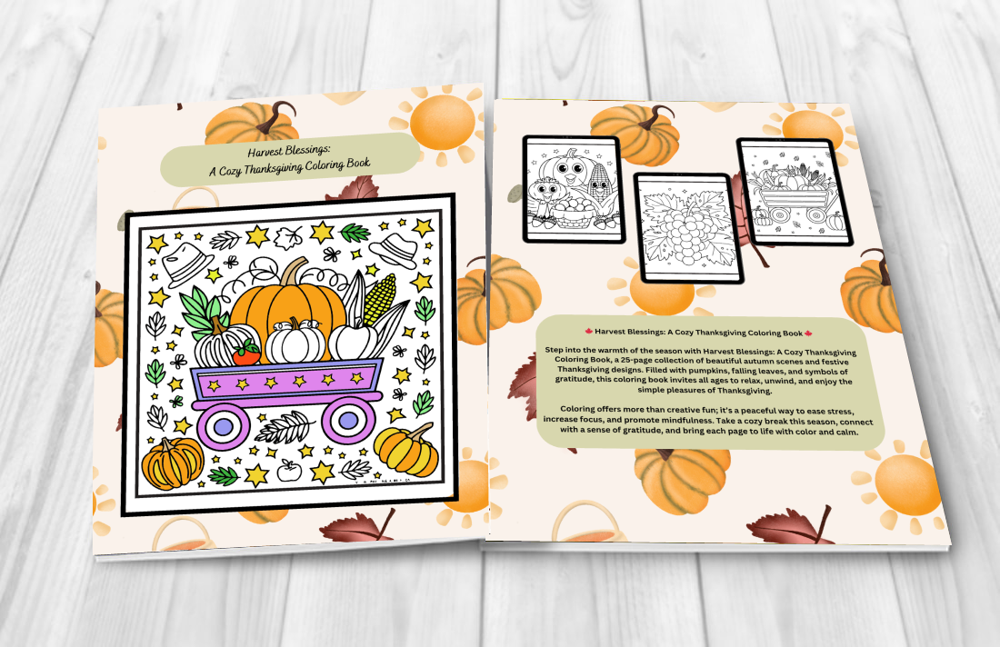 Harvest-themed Thanksgiving coloring book with peaceful fall scenes