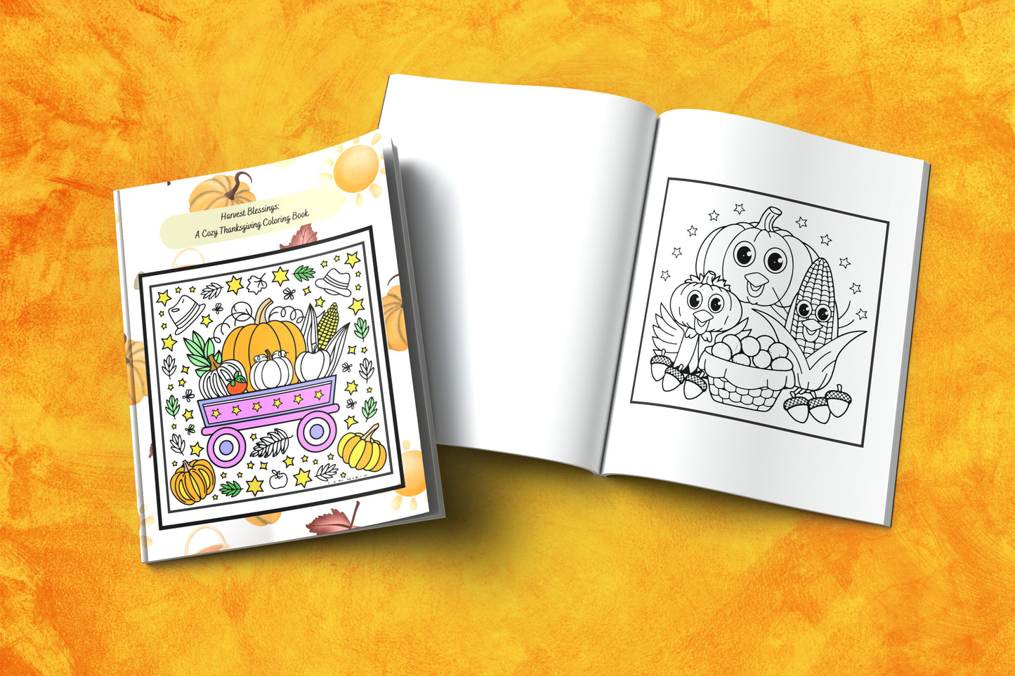Harvest-themed Thanksgiving coloring book with peaceful fall scenes