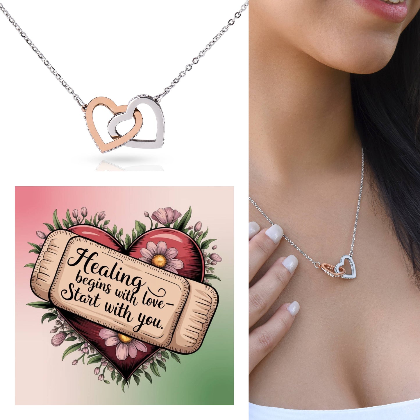 Healing Begins With Love - Start With You: Interlocking Hearts Necklace - Mental Health Gift, Self-Love, Anxiety, PTSD Support
