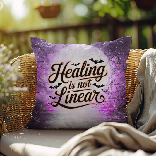 Shop our healing is not linear halloween pillow featuring the 18" x 18" style option from MySisterIsASurvivor.