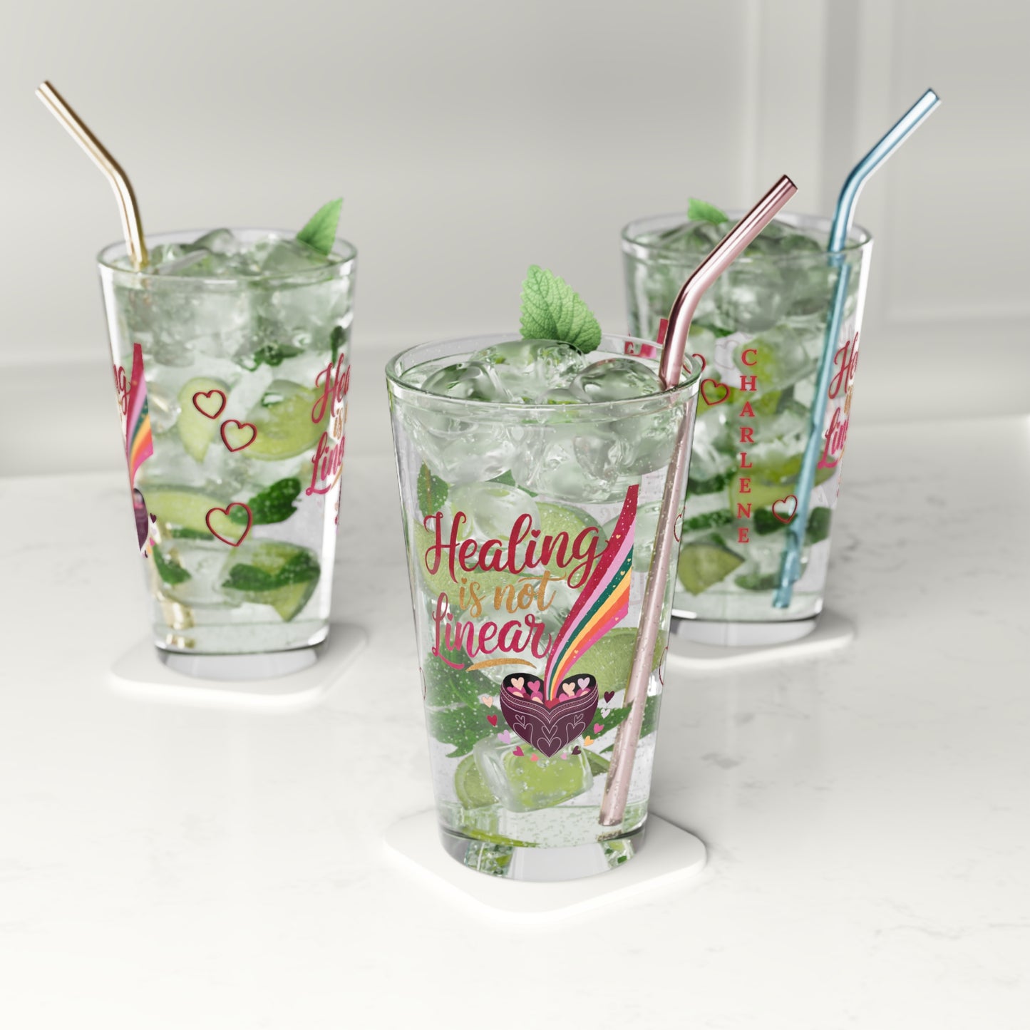 Healing is Not Linear: Personalized Valentine's Day Affirmation Pint Glass – Valentine's Day Self-Care Gift, Mindful Positivity Drinkware