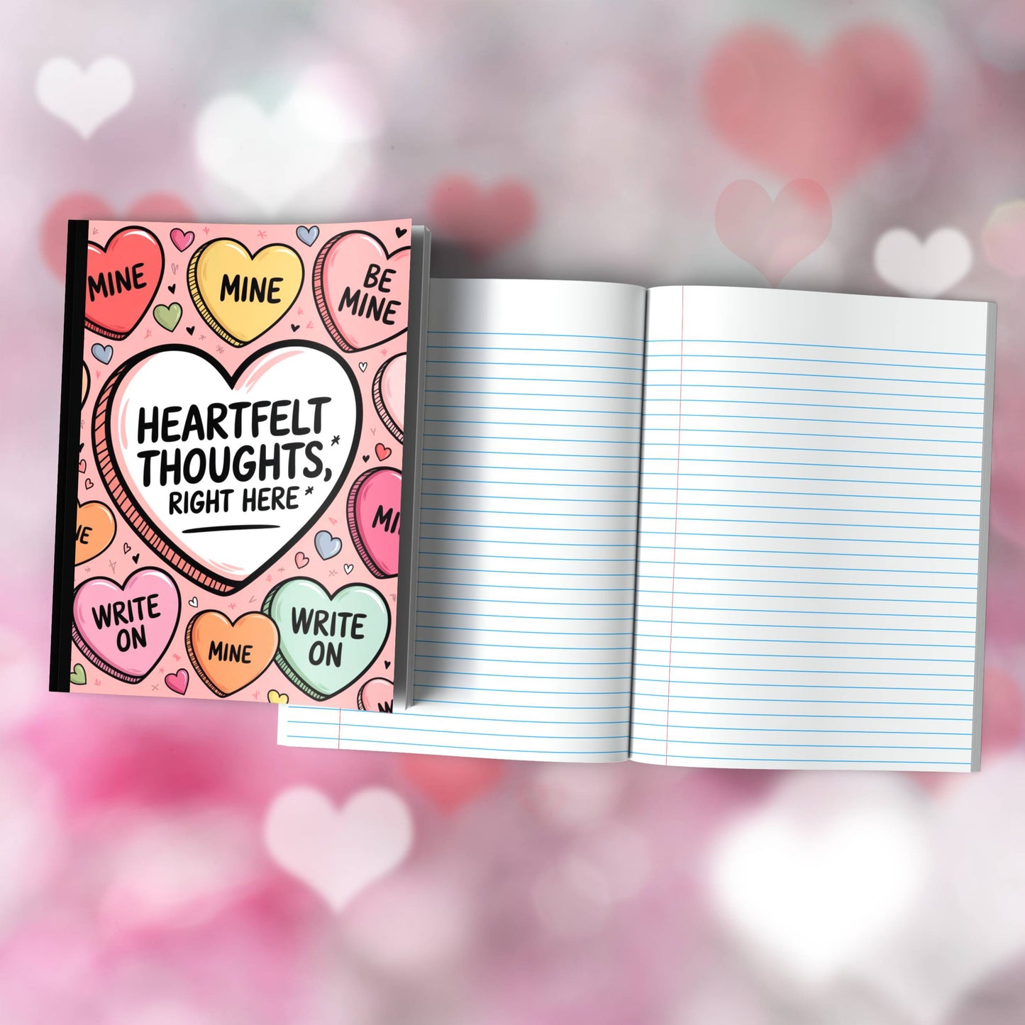Heartfelt Thoughts Right Here Composition Notebook - 100 Pages, Wide-Ruled, 6 Line Color Options for Journaling & Mental Well-Being