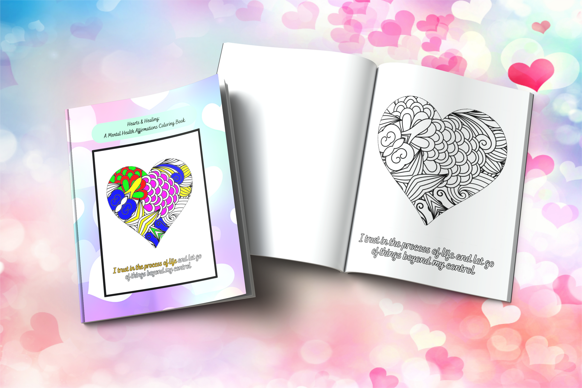 Mental health coloring book with heart illustrations and calming quotes