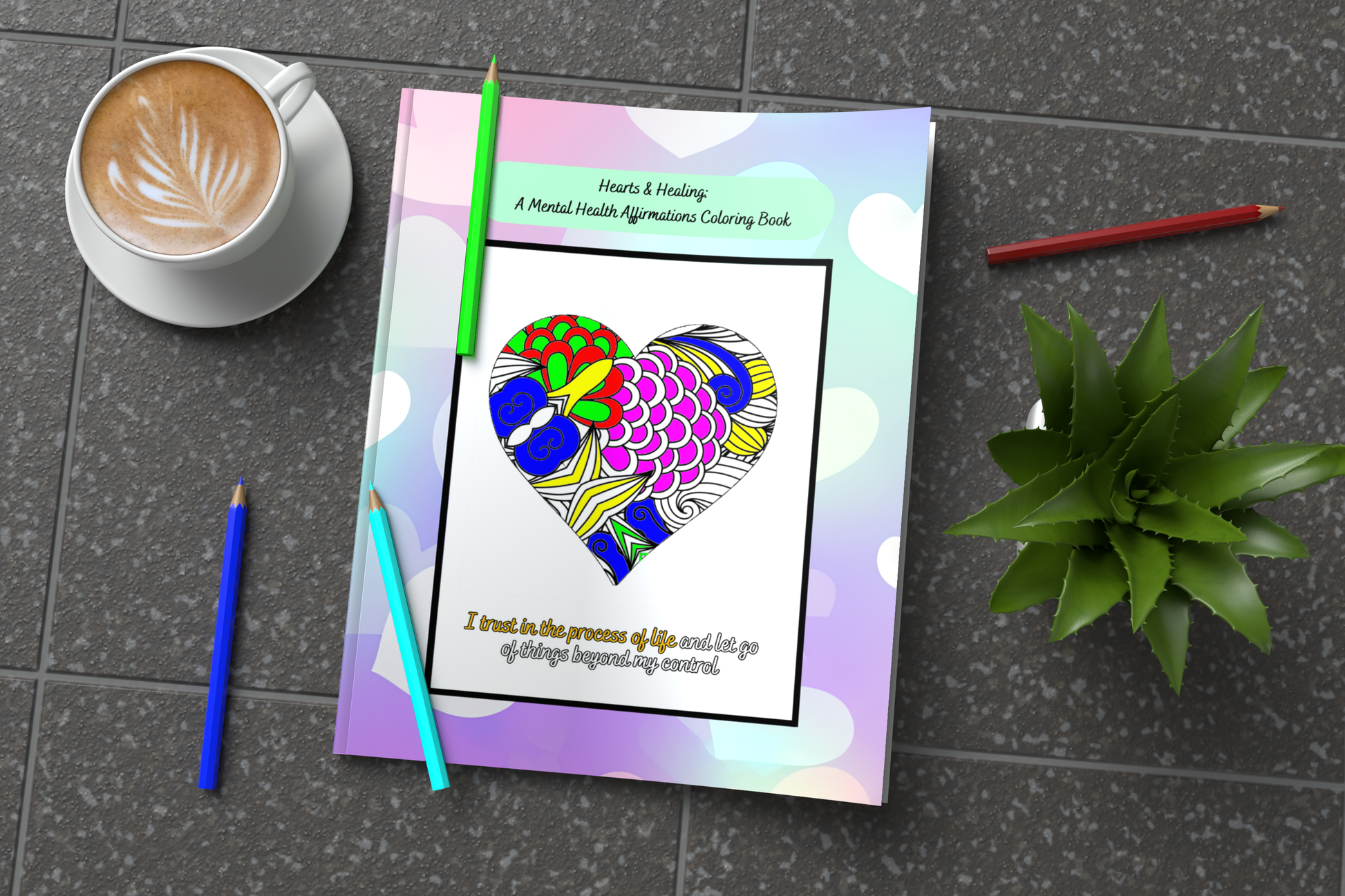 Mental health coloring book with heart illustrations and calming quotes