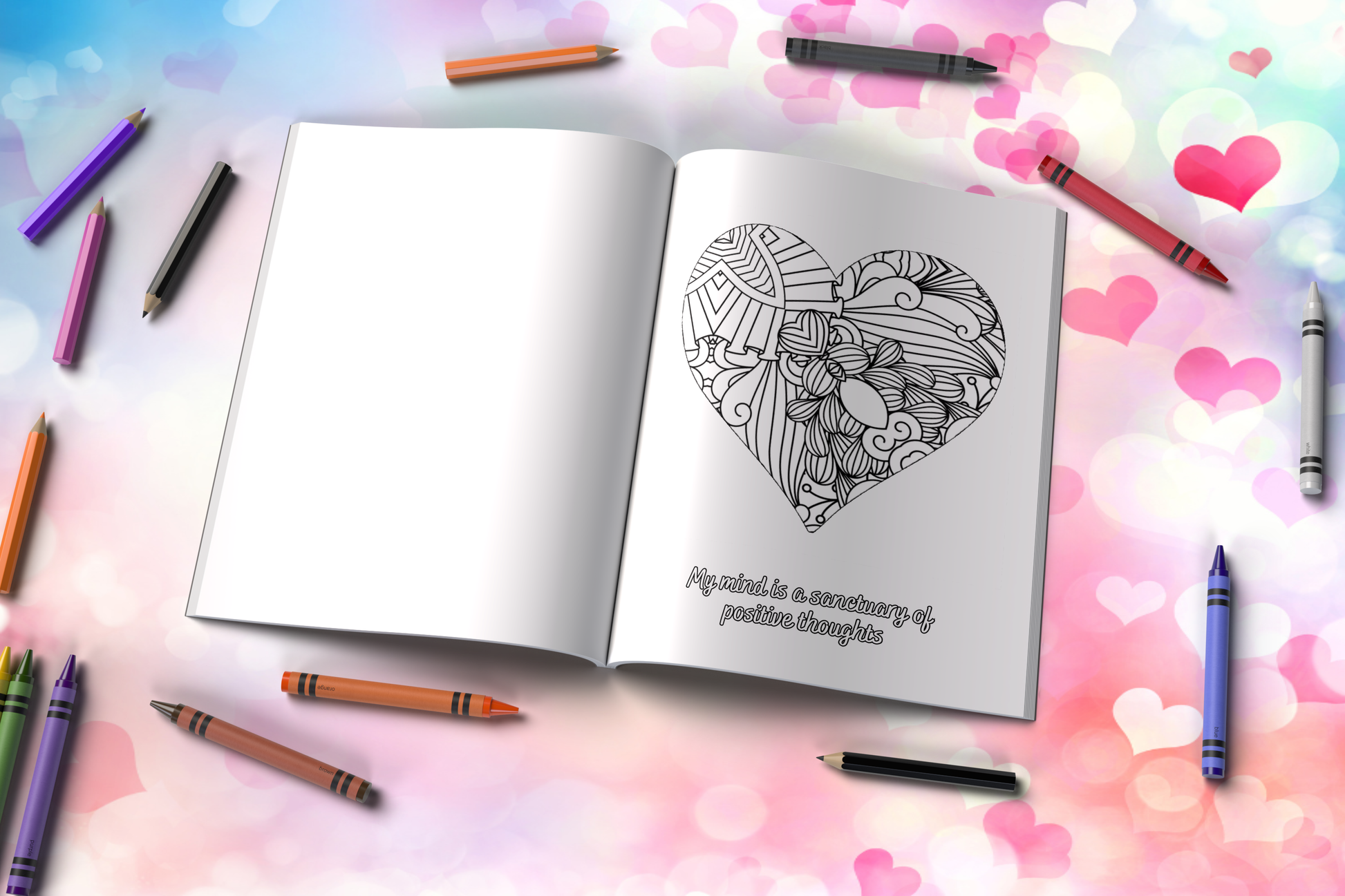 Mental health coloring book with heart illustrations and calming quotes