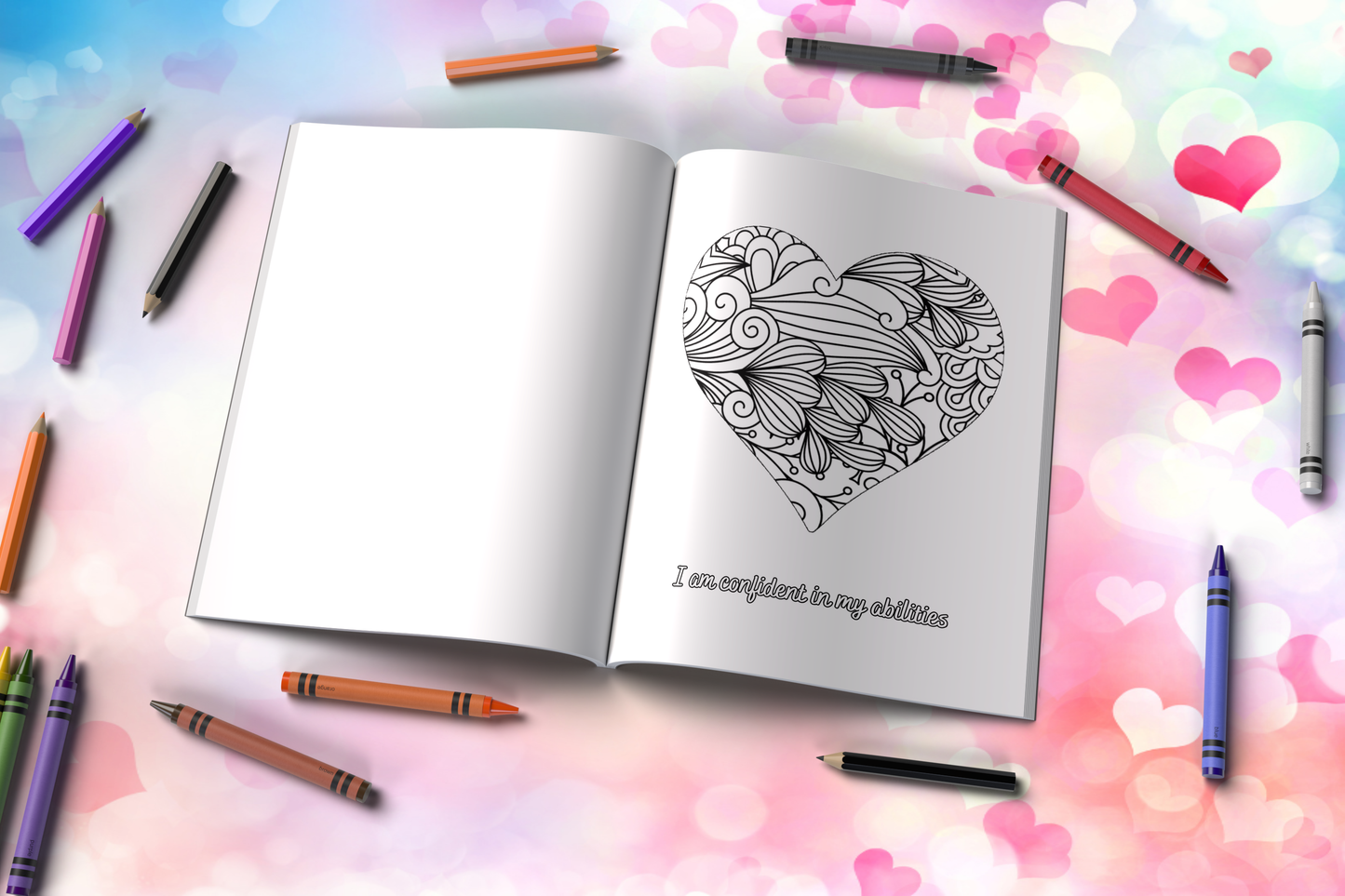 Mental health coloring book with heart illustrations and calming quotes