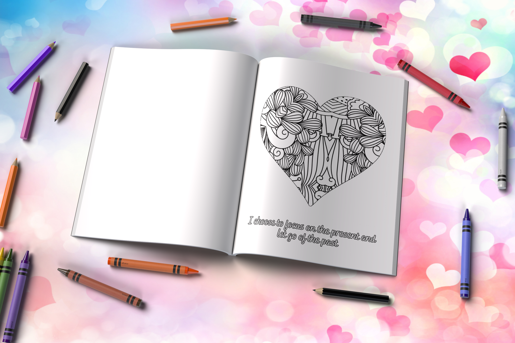 Mental health coloring book with heart illustrations and calming quotes