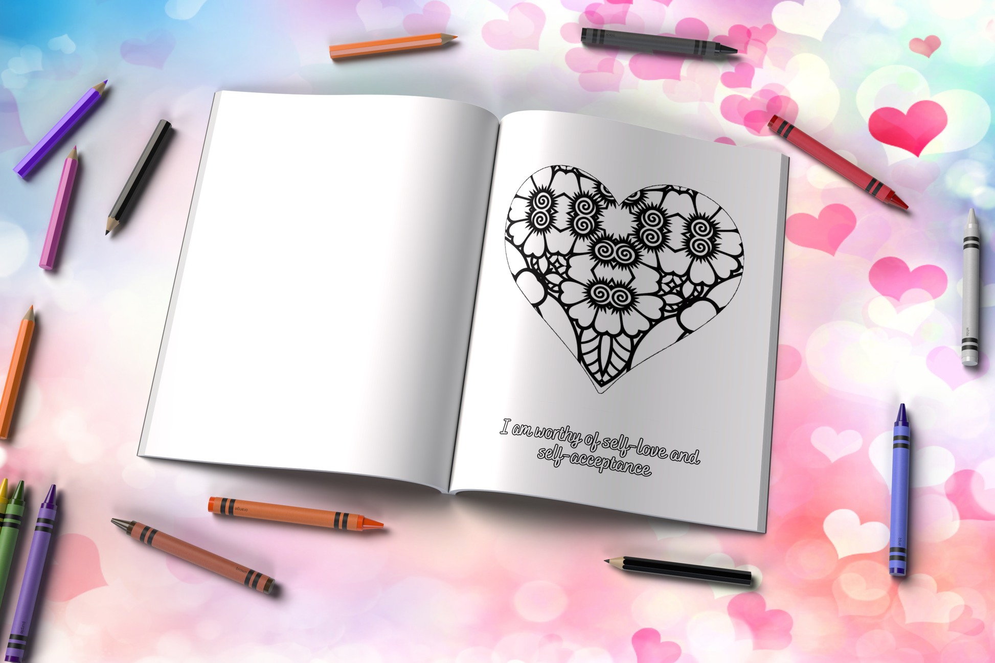 Mental health coloring book with heart illustrations and calming quotes