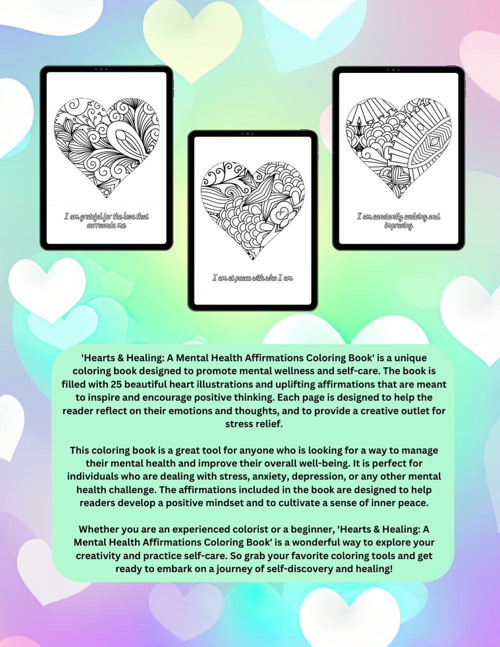 Mental health coloring book with heart illustrations and calming quotes