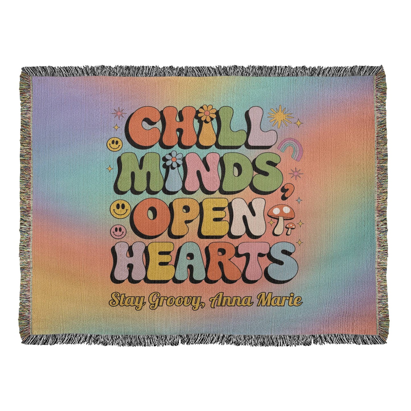 Chill Minds Open Hearts retro woven blanket with custom name option and mental health message for self-care