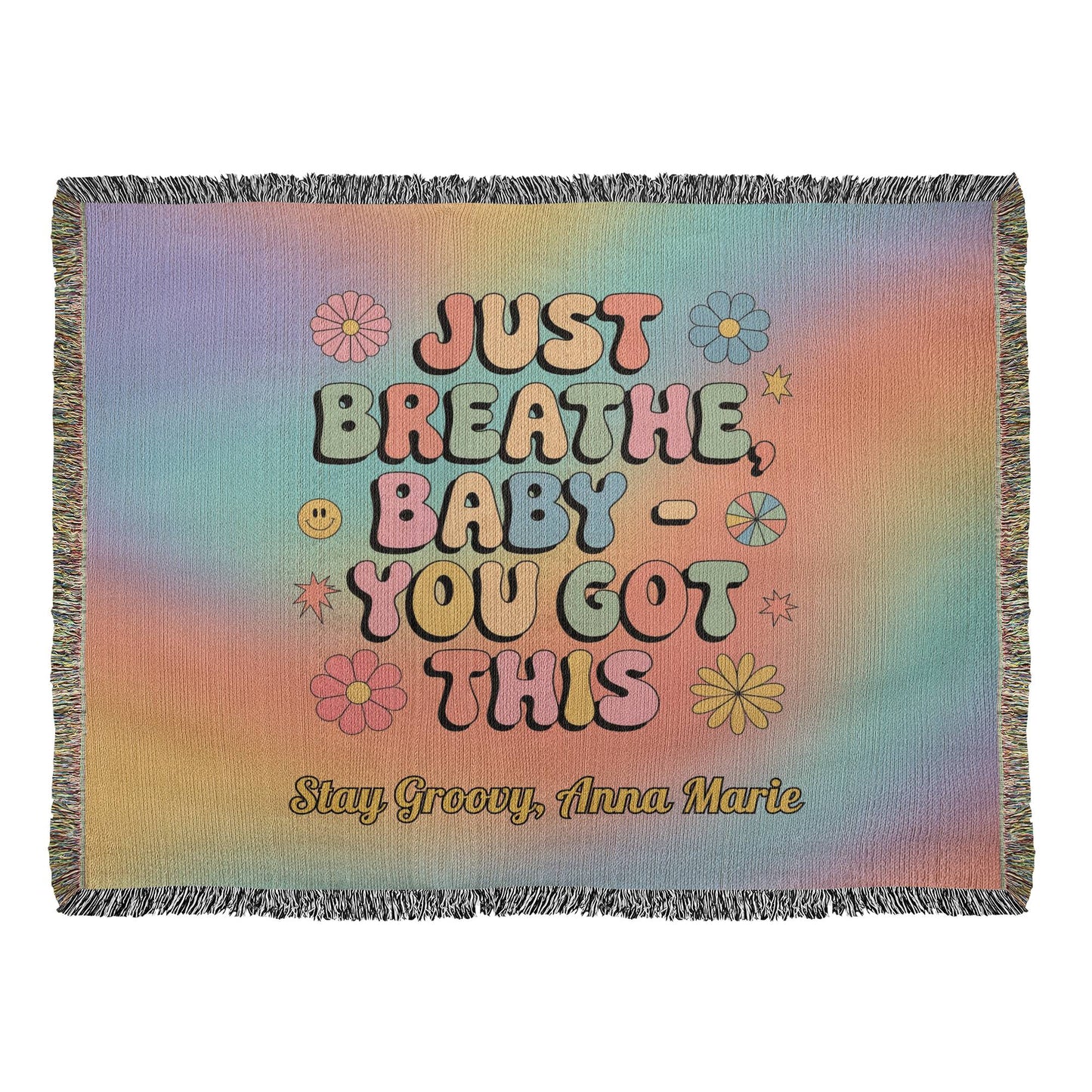 Just Breathe Baby You Got This woven blanket with retro mental health message and custom name option
