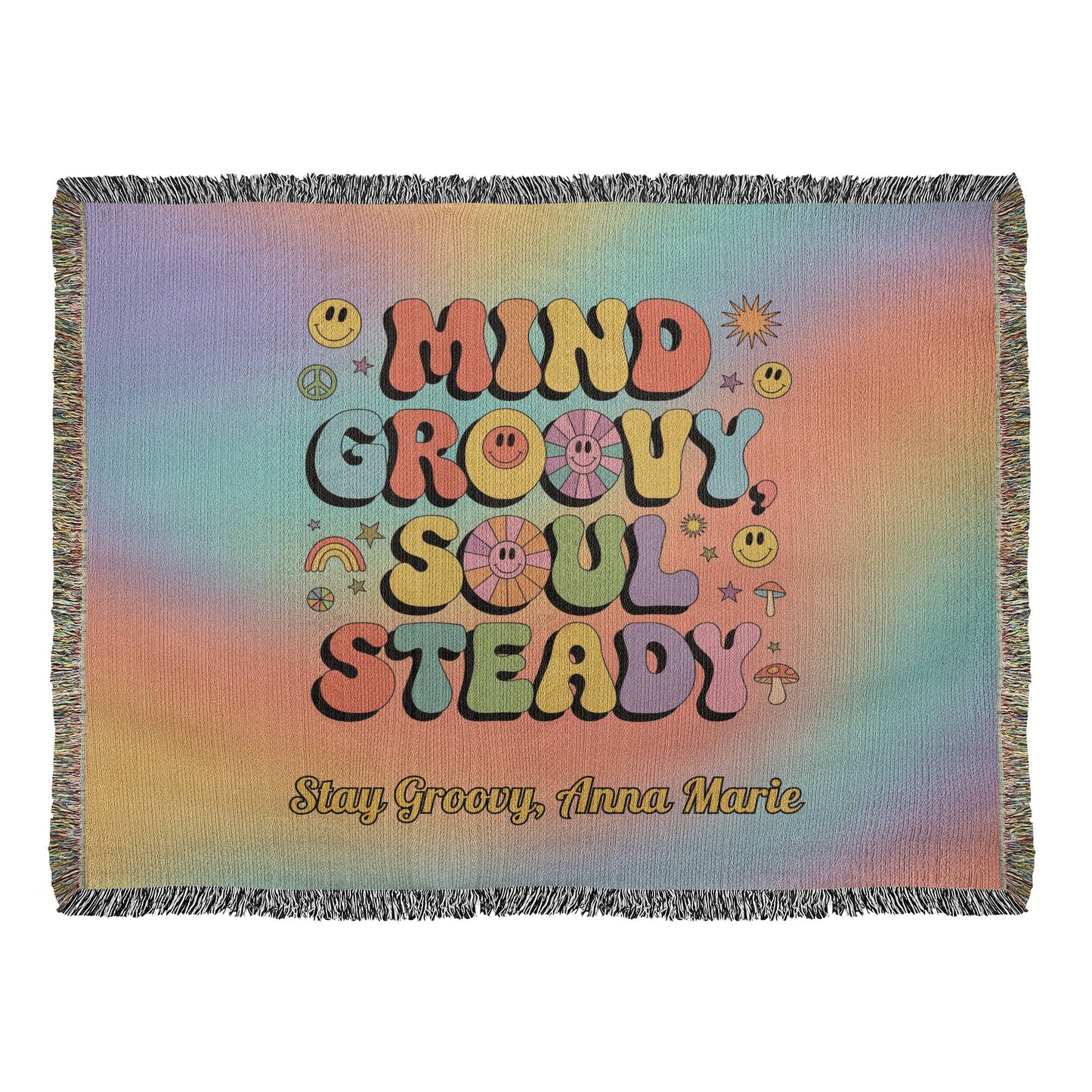 Mind Groovy, Soul Steady personalized woven blanket, retro mental health throw for comfort & calm - MySisterIsASurvivor