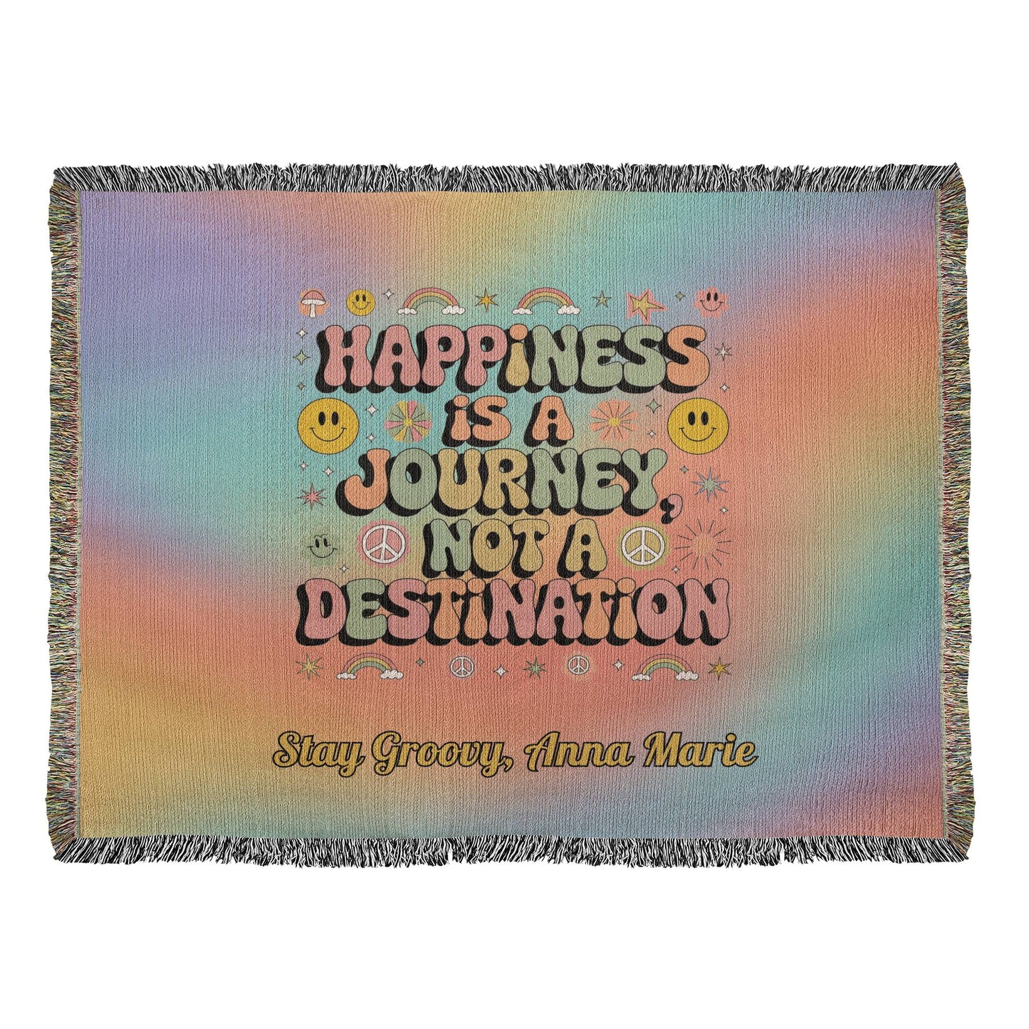 Happiness Is a Journey retro mental health woven blanket with personalized name for therapy or home use