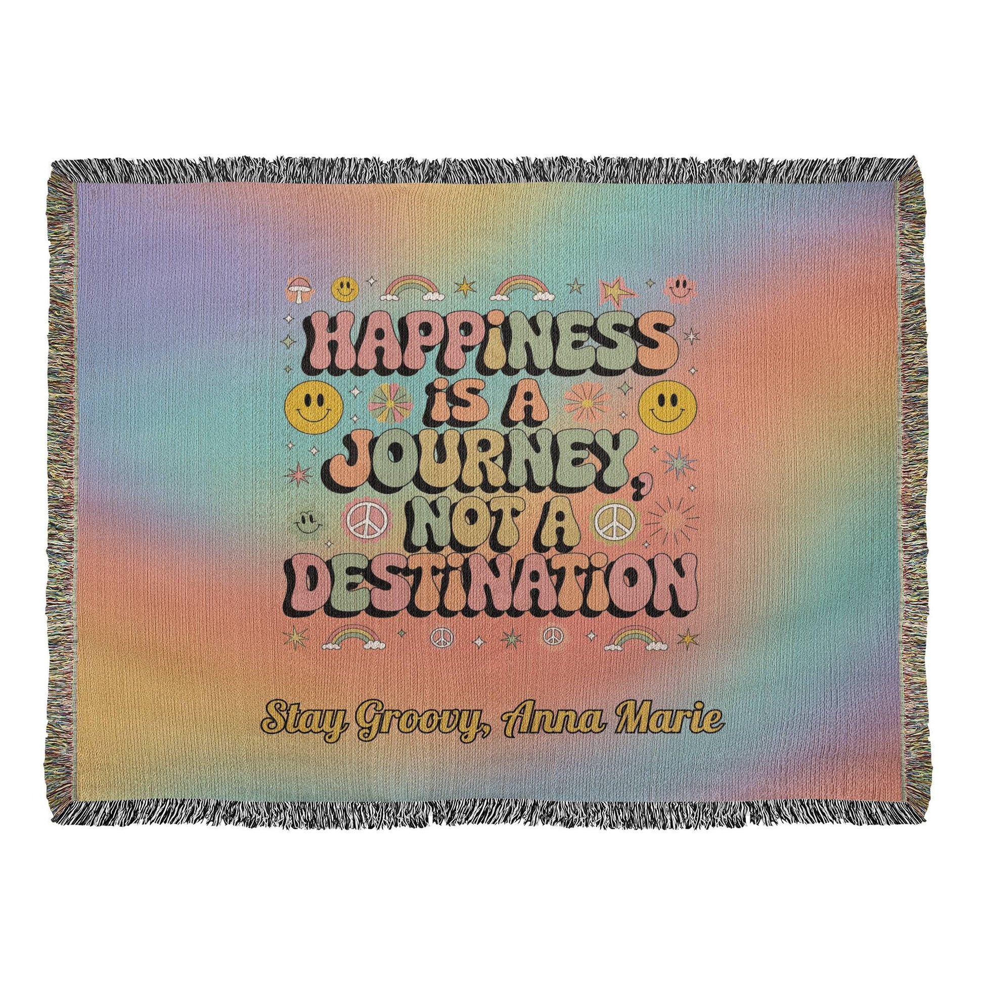 Happiness Is a Journey woven blanket retro mental health throw for self-care - MySisterIsASurvivor