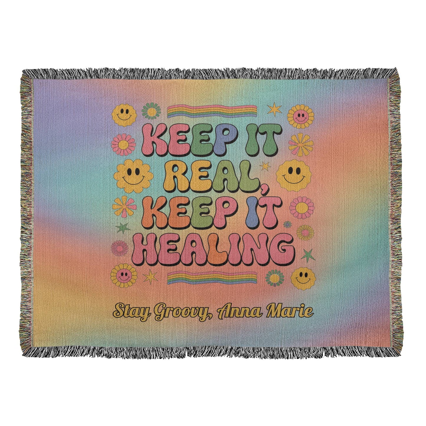 Keep It Real Keep It Healing personalized retro affirmation blanket for mental health and therapy room style