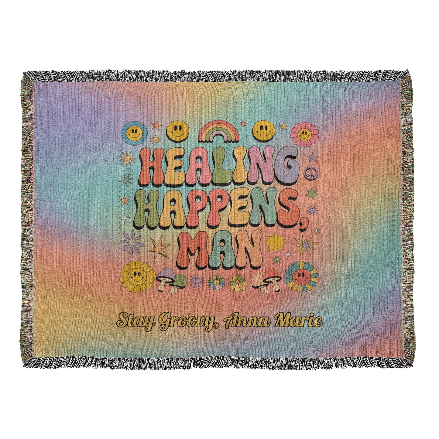 Healing Happens Man groovy affirmation blanket personalized for emotional wellness and mental health support