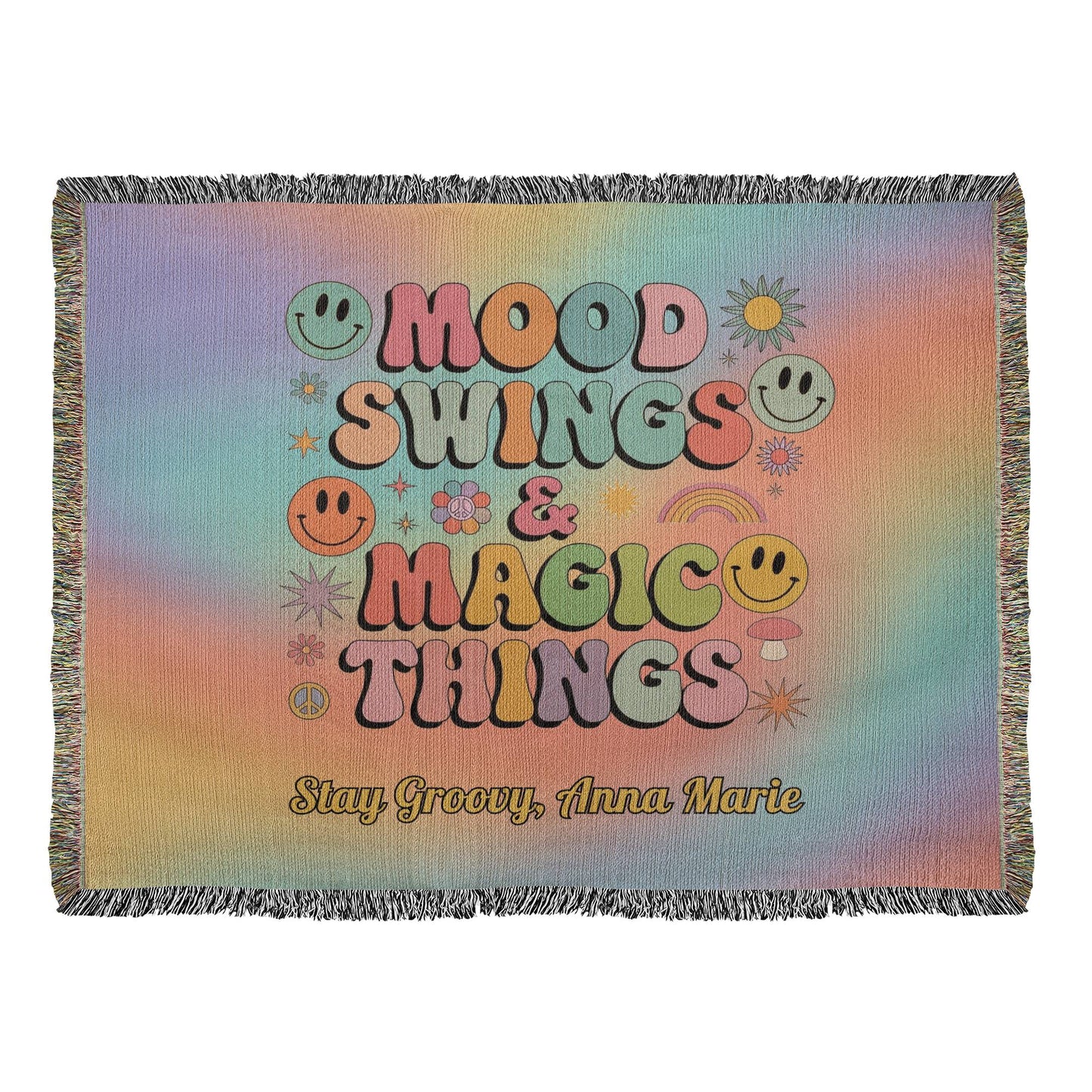 Mood Swings & Magic Things affirmation woven throw blanket personalized for emotional balance and retro style
