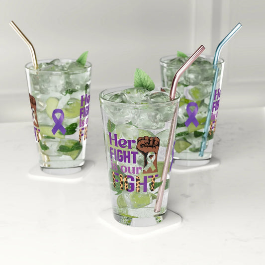 Shop our premium her fight is our fight pint glass 16oz from MySisterIsASurvivor.