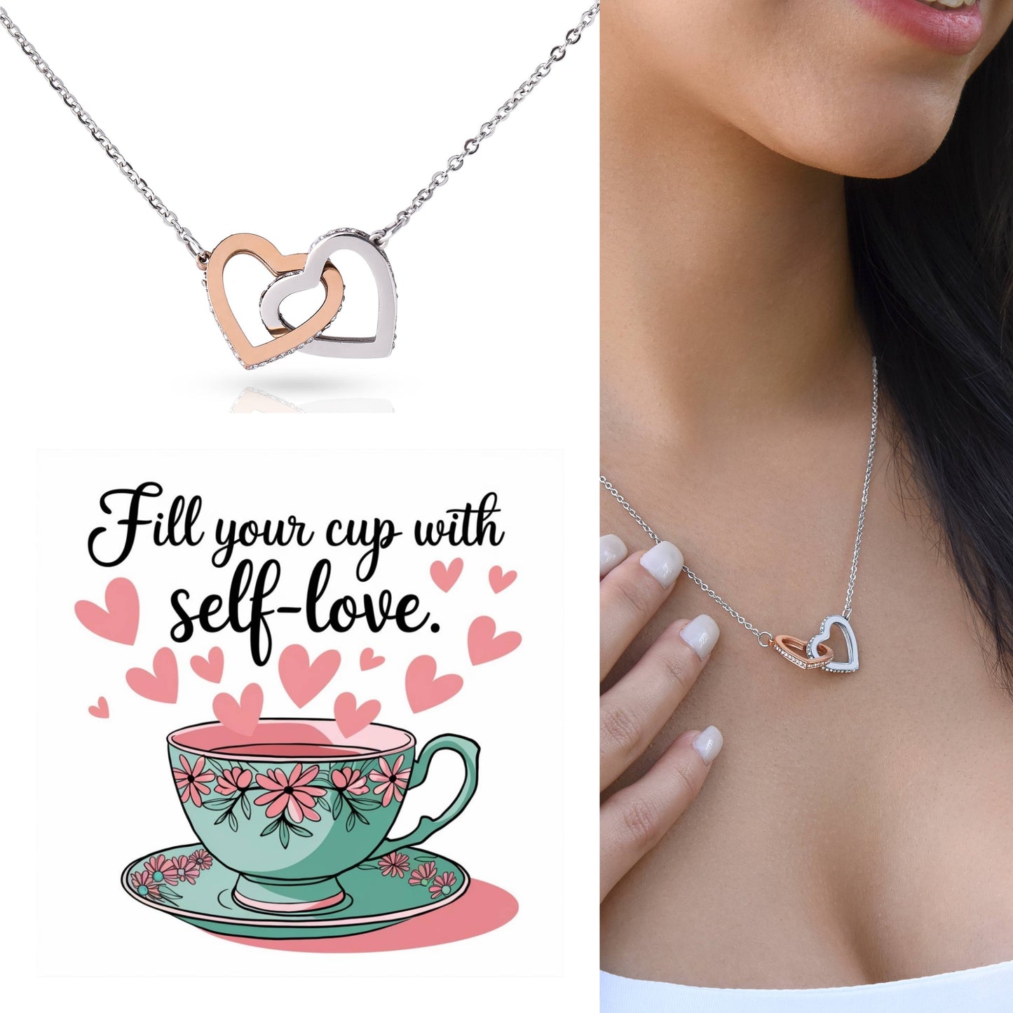 Fill Your Cup with Love - Interlocking Hearts Necklace self-care reminder jewelry for balance & positivity
