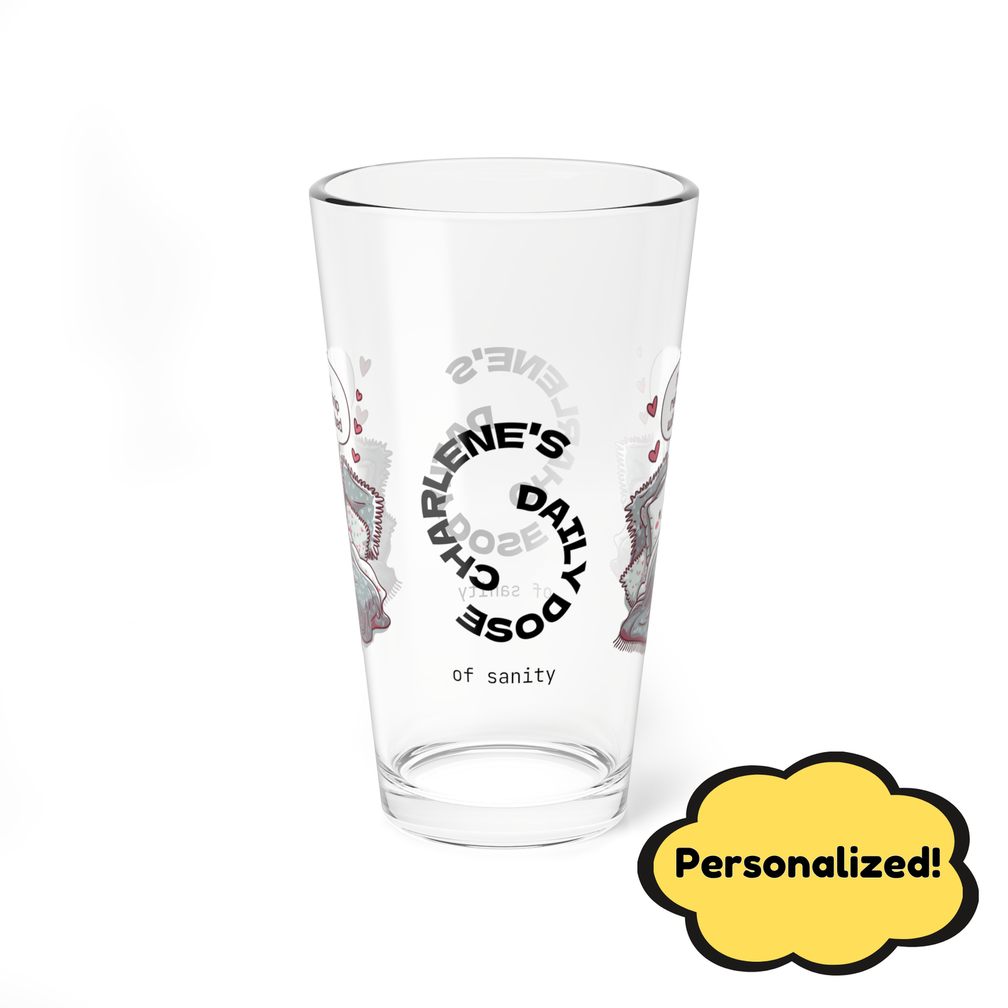"I’m In A Relationship With My Bed" personalized funny pint glass with attitude and daily humor for sleep lovers.