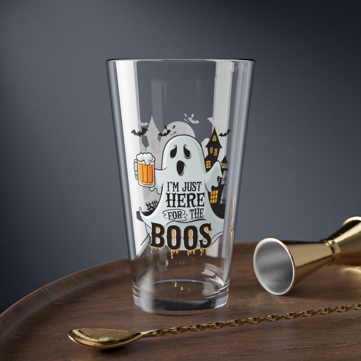 I'm Just Here For The Boos Halloween 16oz pint glass, fun spooky party drinkware - MySisterIsASurvivor