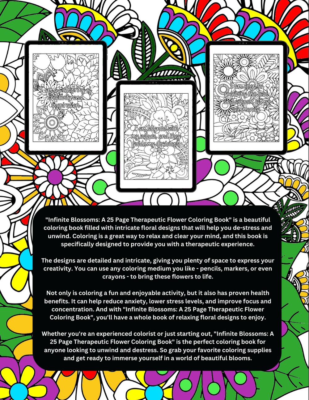 Floral coloring book with endless blossoms and intricate patterns