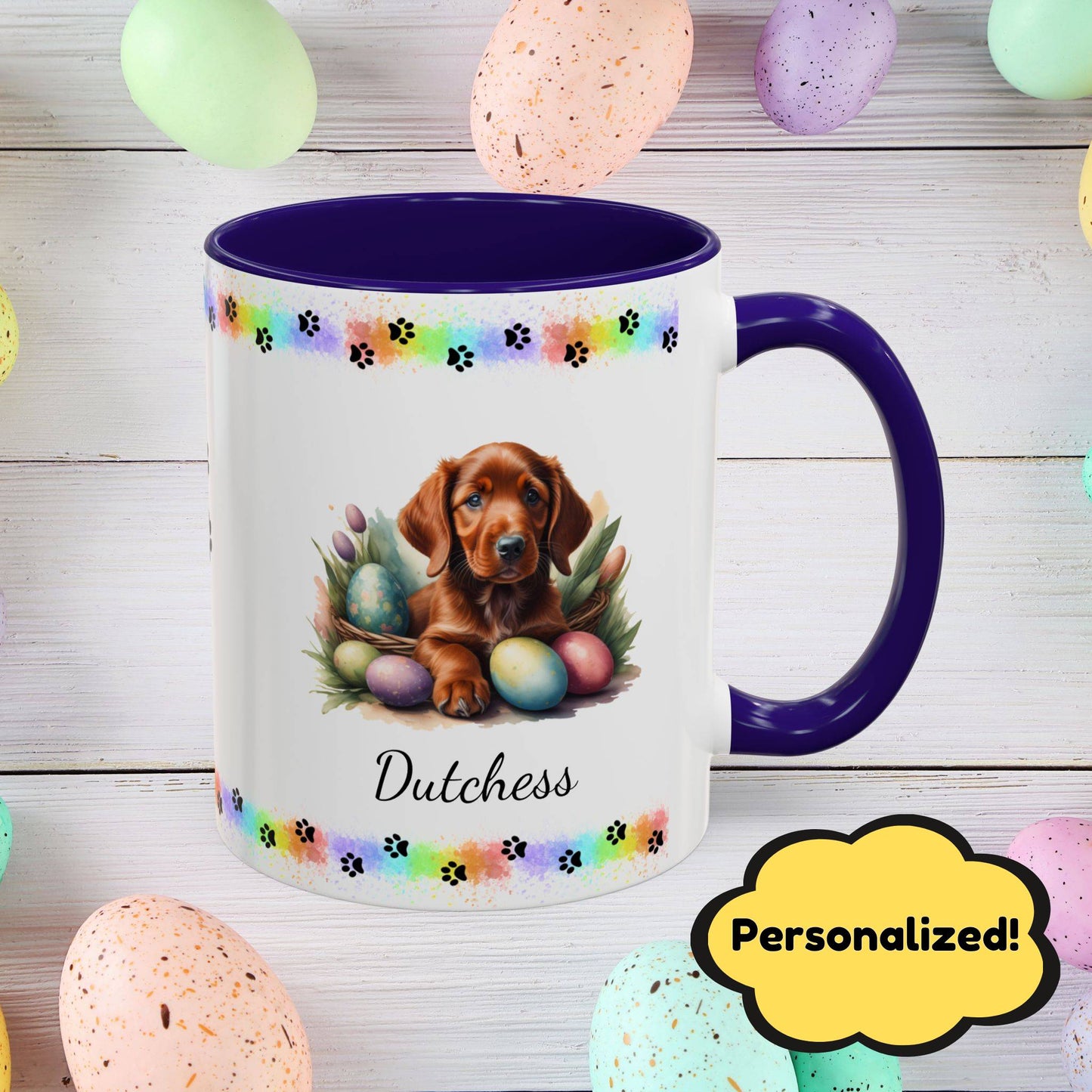 Irish Setter Easter puppy coffee mug, personalized cute dog gift for mental health support and cozy mornings