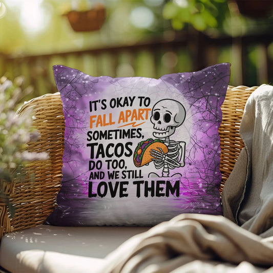 Shop our its okay to fall halloween pillow featuring the 18" x 18" style option from MySisterIsASurvivor.