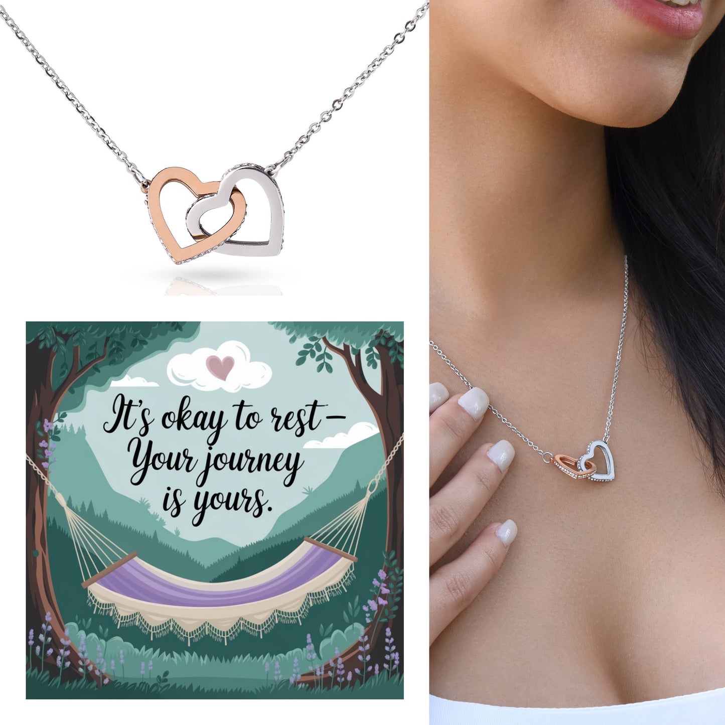 It's Okay To Rest - Your Journey Is Yours: Interlocking Hearts Necklace - Mental Health Gift, Self-Love, Anxiety, PTSD Support
