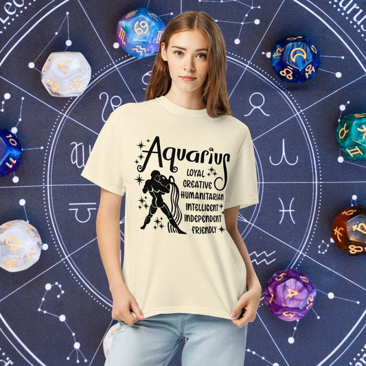 Aquarius Zodiac Comfort Colors Shirt - Unisex astrology t-shirt with Aquarius symbol and traits, mental health support gift