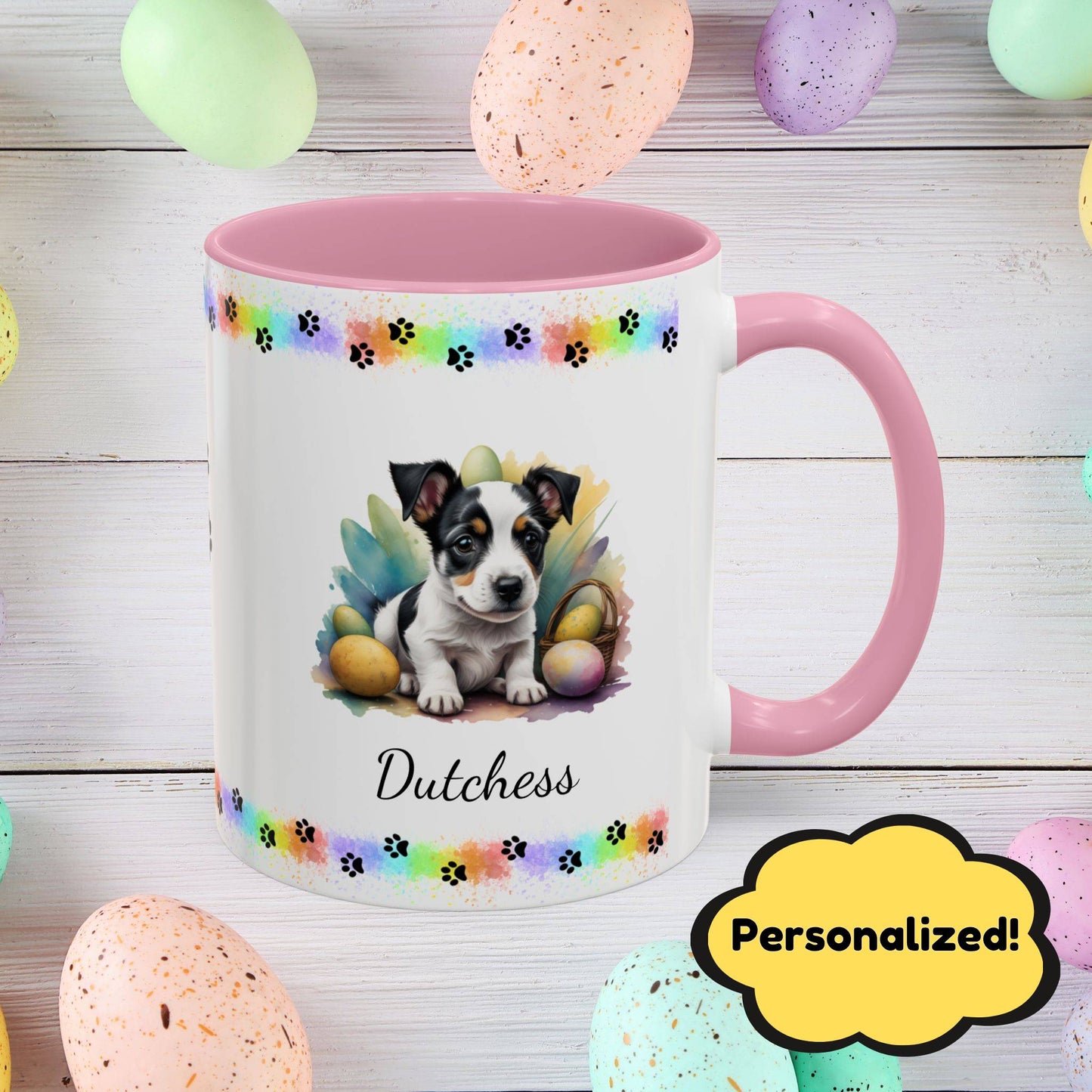 Jack Russell Terrier Black & White Easter puppy coffee mug, personalized cute dog gift for mental health awareness