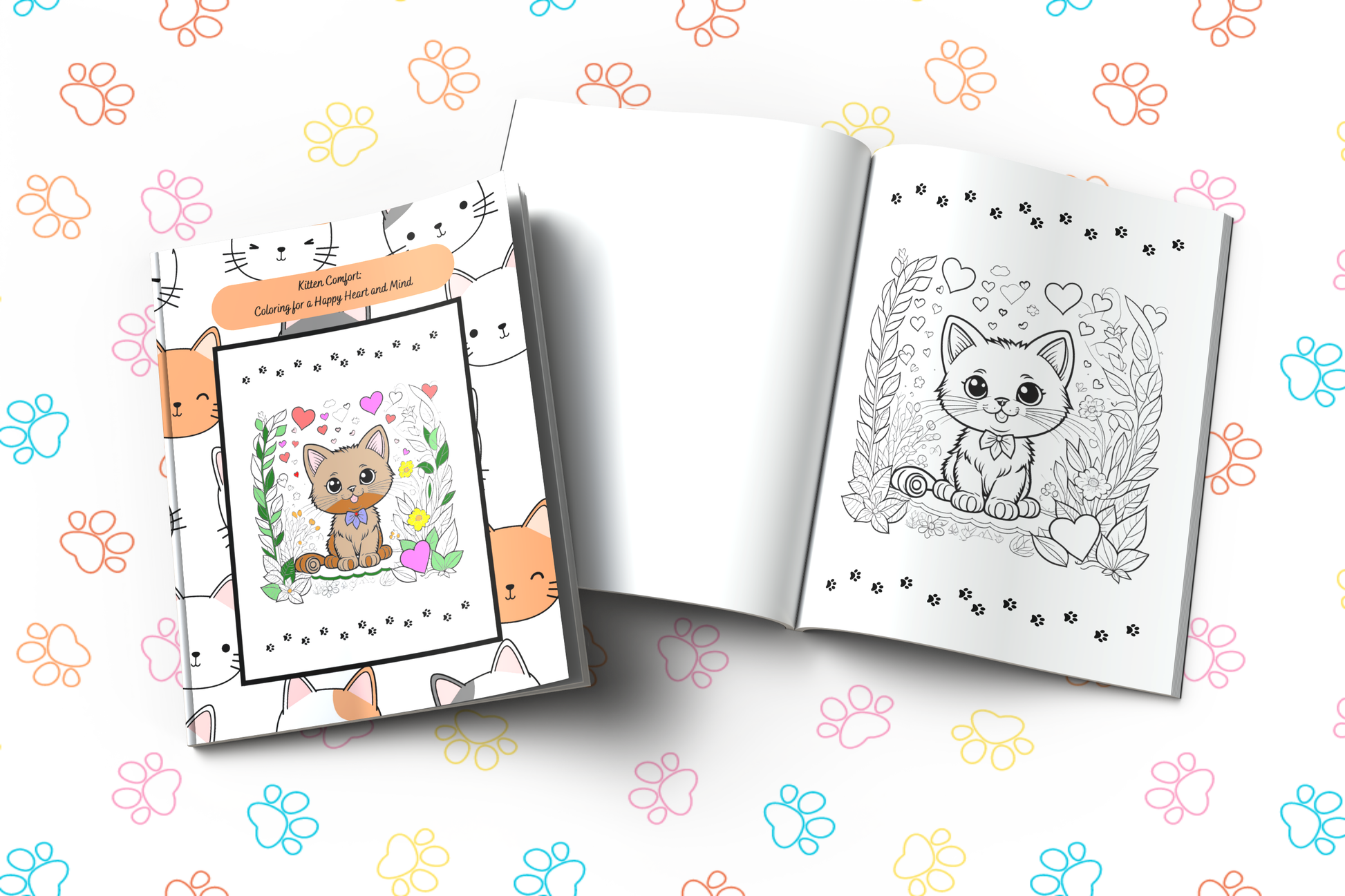 Kitten-themed mental health coloring book with hearts and cozy art