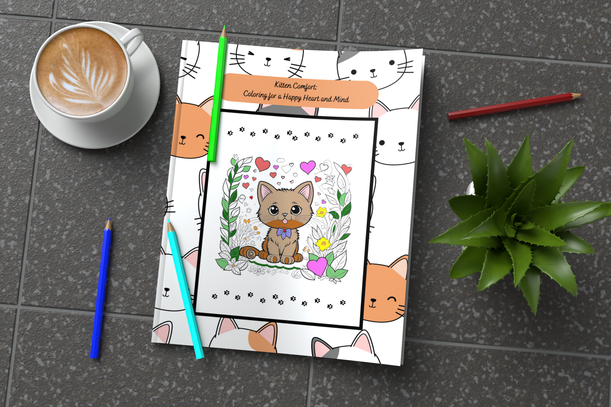 Kitten-themed mental health coloring book with hearts and cozy art