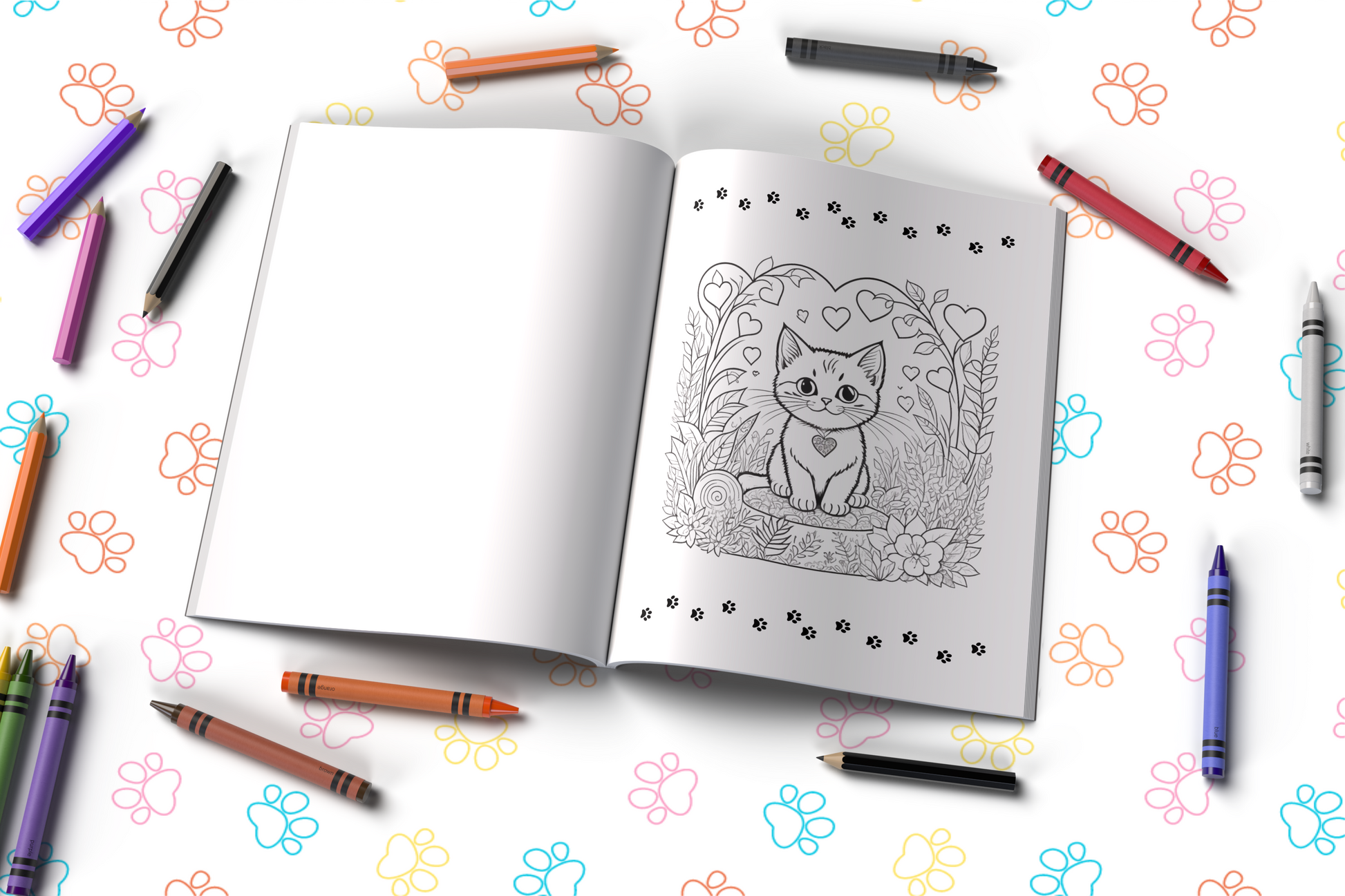 Kitten-themed mental health coloring book with hearts and cozy art