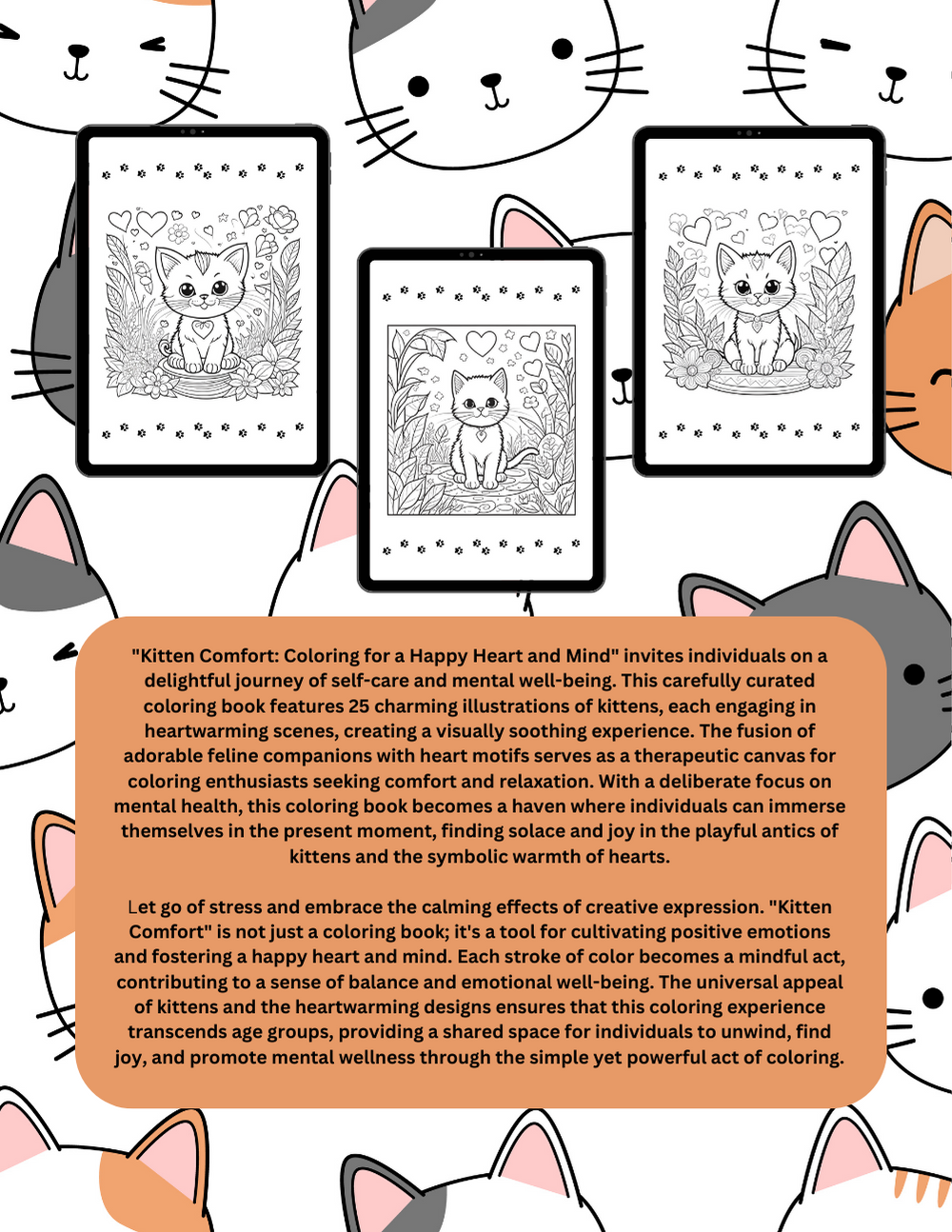 Kitten-themed mental health coloring book with hearts and cozy art
