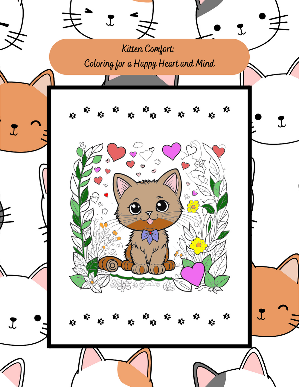 Kitten-themed mental health coloring book with hearts and cozy art