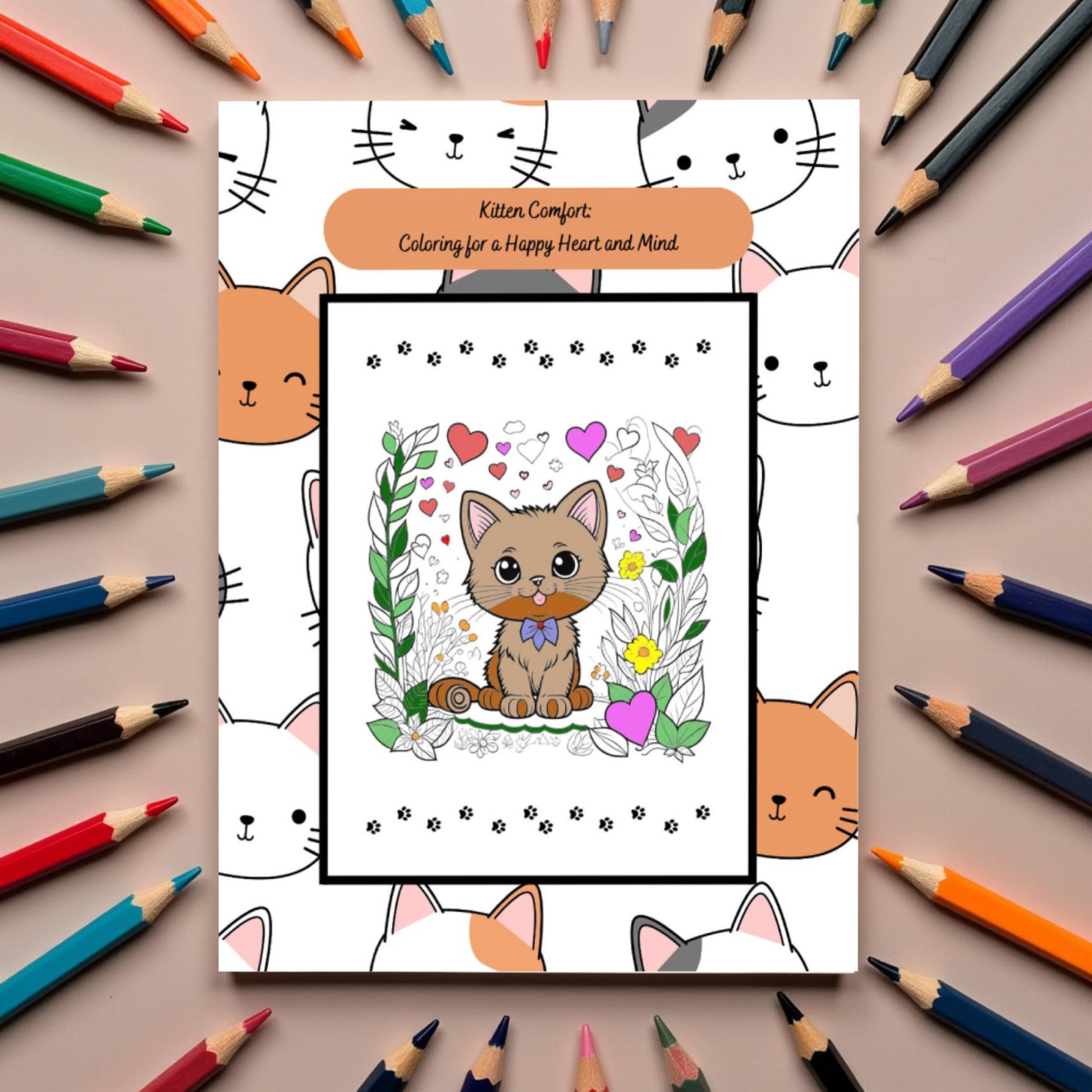Kitten-themed mental health coloring book with hearts and cozy art