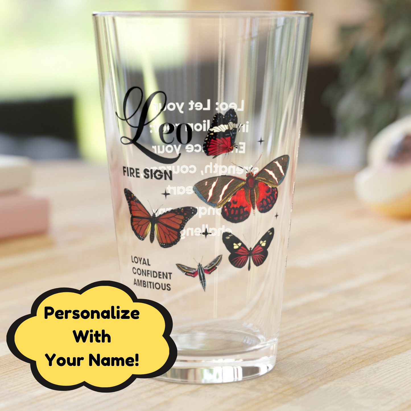 Leo personalized astrology pint glass, 16oz zodiac horoscope birthday drinkware gift for star sign fans