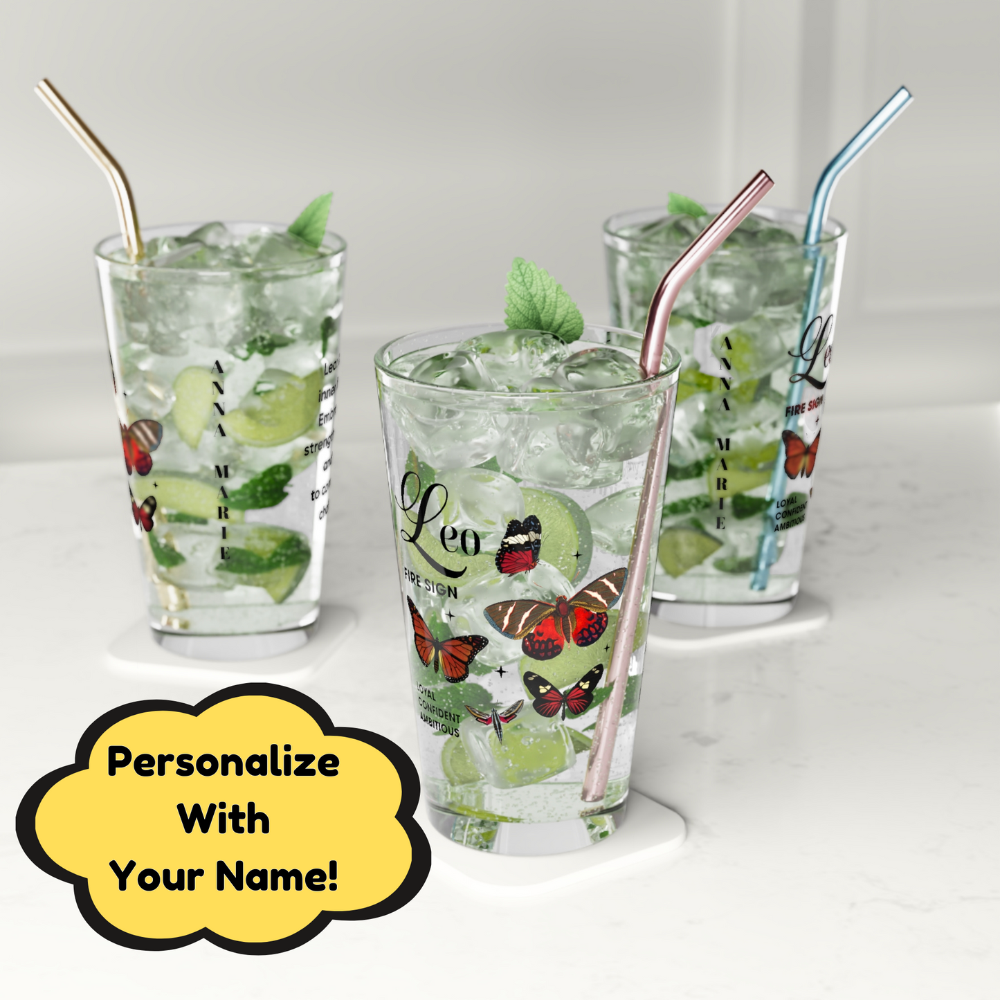 Leo personalized astrology pint glass, 16oz zodiac horoscope birthday drinkware gift for star sign fans